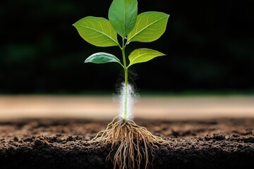Close-up of plant’s dual process: roots absorb water, leaves photosynthesize