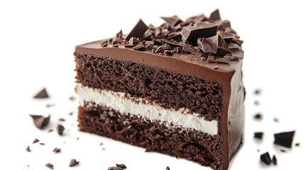 Obraz premium A slice of chocolate cake with white filling and chocolate chips on top