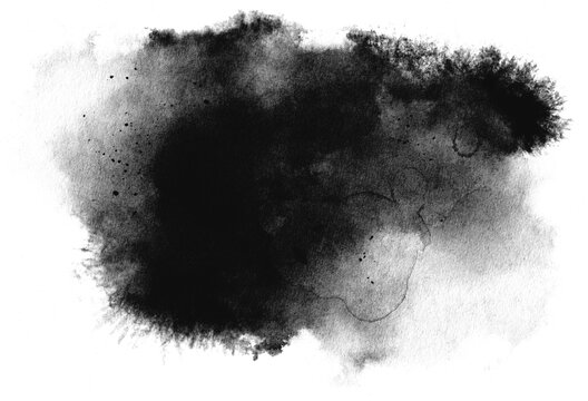 Abstract ink background, grunge art. Black paint stroke texture on white paper in marble style. Wallpaper for web design and games. Hand drawn watercolor isolated illustration