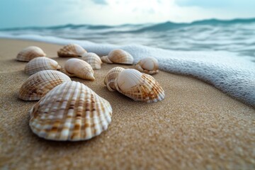 A peaceful scene with beige seashells on sand and ocean waves softly crashing