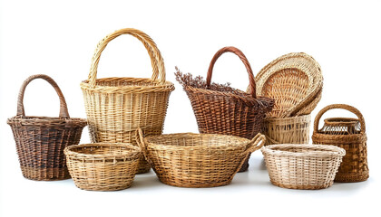 Many different wicker baskets on white background