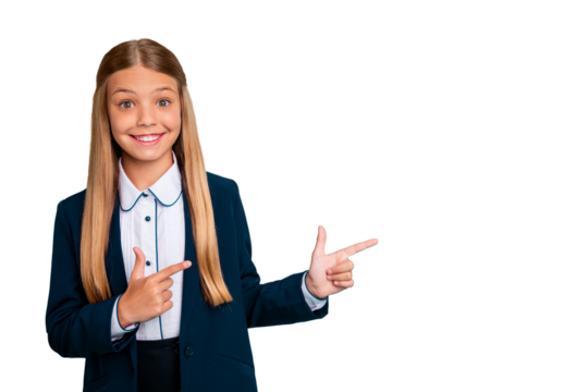 Close up photo beautiful she her little lady love study education hand arm index finger empty space low prices school wear formalwear shirt blazer school form isolated bright teal turquoise background