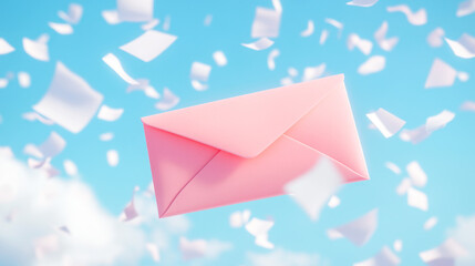 Pink envelope in motion with fluttering paper against pastel sky background in a minimalistic style