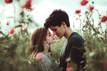 Fototapeta premium Young Couple Sharing Intimate Moment in Flower Field. A couple stands close, forehead to forehead, surrounded by blooming wildflowers. Soft focus, romantic atmosphere, and natural love story vibe.