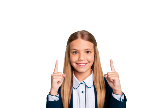 Close up photo beautiful she her little lady  hand arm fingers indicate up empty space low prices school supply stuff wear formalwear shirt blazer school form isolated bright teal turquoise background