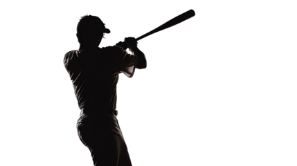 Silhouette of a baseball player swinging a bat isolated on a transparent background. PNG