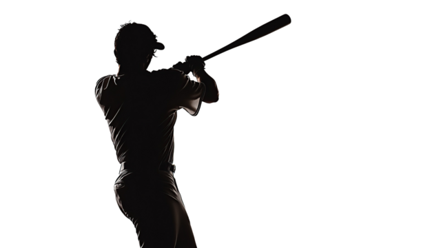 Silhouette of a baseball player swinging a bat isolated on a transparent background. PNG
