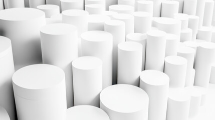 Obraz premium Minimalistic arrangement of white cubes and cylinders in a balanced 3D layout under studio lighting