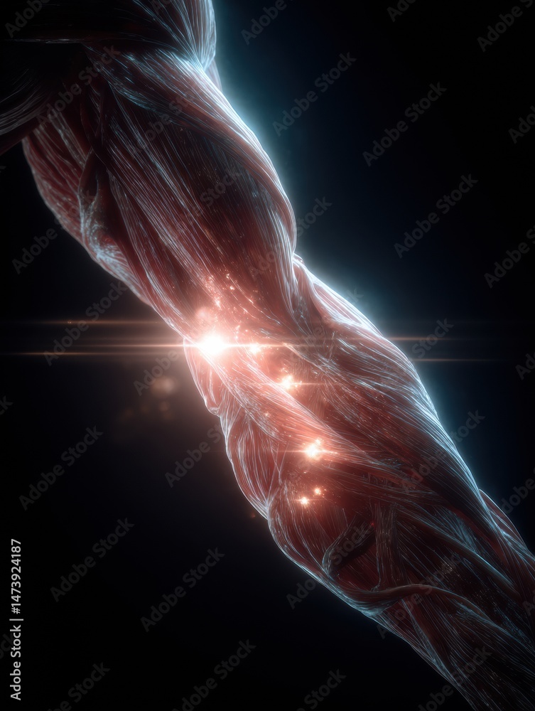 Poster glossy render showcasing triceps contraction with dynamic lens flare effects revealing muscle defini