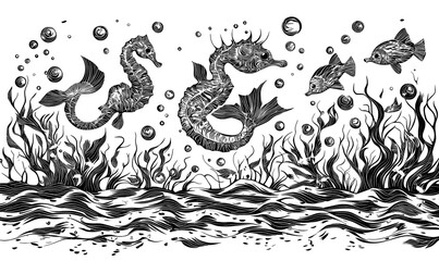 An intricately designed underwater landscape in paper cut style is presented within a modern 3D frame, boasting multiple layers and a blue ocean or sea depth that teems with a variety of marine life