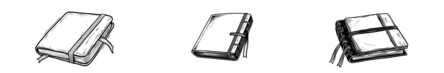 A set of different style icons, including symbol and logo illustrations, featuring linear and full pictograms, of notebook outlines and filled modern signs, in line and glyph versions, for an