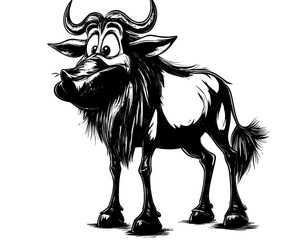 An illustration of a cartoon wildebeest in modern style is presented on a white background