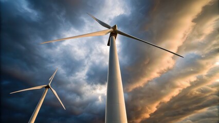 Fototapeta premium Wind turbines stand against a dramatic sky, showcasing renewable energy in a compelling natural setting.