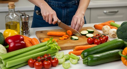 A person chopping vegetables, including carrots and zucchini, on a wooden cutting board, surrounded by fresh produce and olive oil.