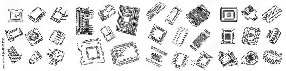 Fototapete A collection of linear style pictograms and modern symbols is available, featuring icons such as cpu processor, pc chip, circuit board, and laptop hardware in a set of outline computer microchip line