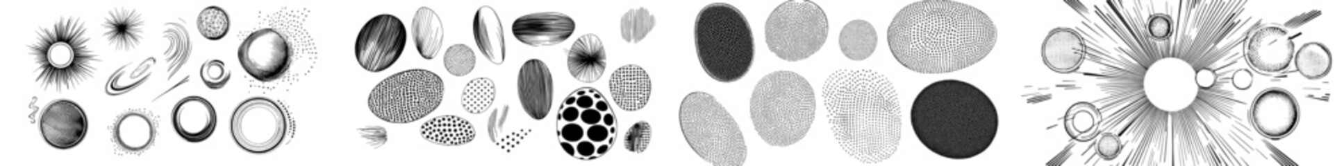 A collection of halftone gradient sprays, dots, and circles form a set of half-tone graphic elements, including black points, round shapes, and curved smears, reminiscent of comic pop art decorative