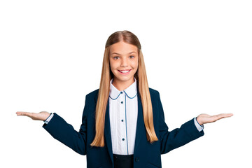 Close up photo beautiful she her little model open arms empty space proposition pick select one...