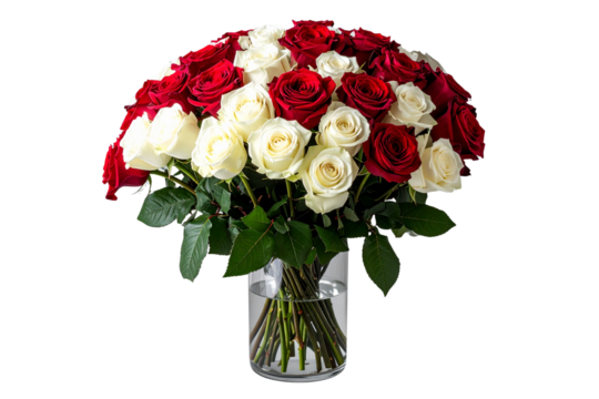 A bouquet of 30 red roses and 65 white roses in a clear glass vase with long stems isolated on a transparent background