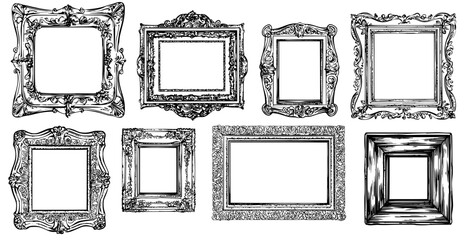 The design set includes a mirror frame drawn in a doodle style, along with a photo or picture, and an ornament border that reflects an antique or retro art shape, and incorporates a modern Victorian