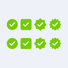 Eight green checkmarks in different shapes.