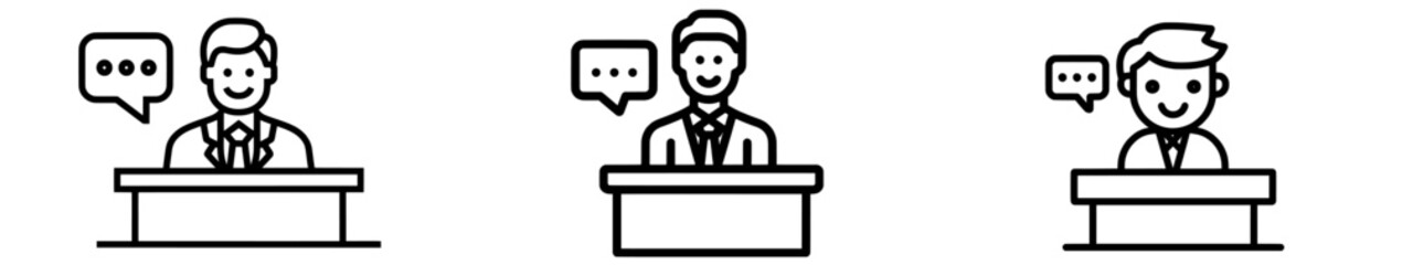 A man at the podium is shown speaking into a microphone in a modern linear icon set illustration on a white background