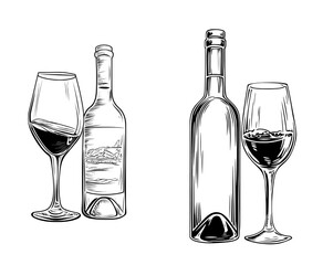 A winery product, the semi sweet alcohol drink is represented by a modern glass bottle, burgundy beverage, and goblet in a thin line isolated outline icon