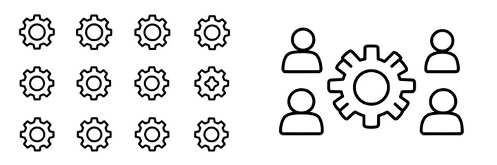 The management icon set includes a modern illustration of teamwork on a white background