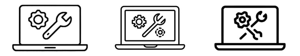 The image features a technical support icon set, with a laptop screen displaying gears, symbolizing computer service, all set against a clean white background in a modern style
