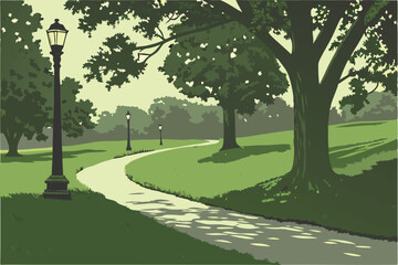 112 highly detailed 3d rendered landscape with curving path, lush green grass, mature trees, and ornamental lighting, realistic, photorealistic, hyper detailed, unreal engine, octane, 8k