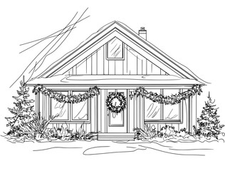 An isolated modern cozy cottage presents a charming Christmas winter exterior with a snowy roof, twinkling lights, and snow-kissed eaves, complete with frosty windows that glow warmly and a door that