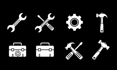 Repair tools icon set in black and white, including wrench, gear, toolbox, screwdriver, hammer, with clean and minimalistic vector design	