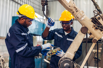Workers Factory or Engineering work at factory site check up machine or products in site. Foreman...