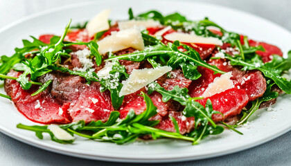Delicious beef carpaccio with arugula and chees