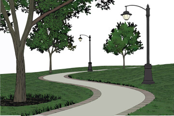 112 highly detailed 3d rendered landscape with curving path, lush green grass, mature trees, and ornamental lighting, realistic, photorealistic, hyper detailed, unreal engine, octane, 8k