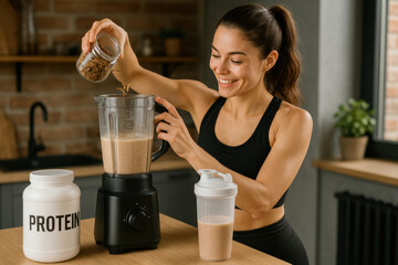 Sporty girl makes protein shake from insects on kitchen