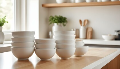 Stacks of white ceramic bowls neatly arranged on a wooden surface in a modern kitchen setting.