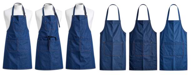 3 blue denim aprons, different styles and designs, transparent background