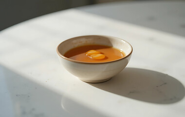 Small ceramic bowl with honey drizzled on top, placed on a smooth white table, soft lighting.