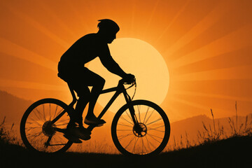 Fototapeta premium Silhouette of cyclist riding bike against bright sunset background view
