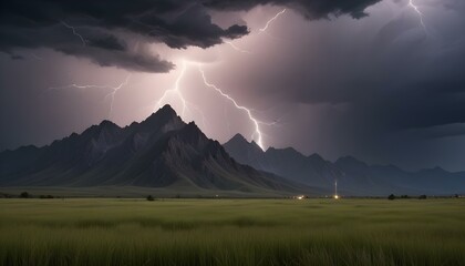 Obraz premium Dramatic lightning illuminates a mountain range during a severe thunderstorm at night time.