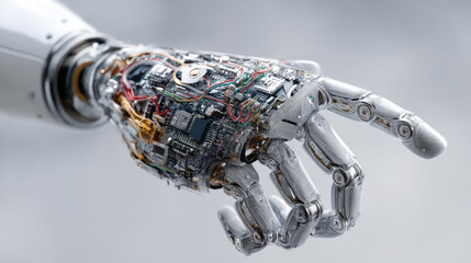 Artificial intelligence, future technology and business concept - robot and human hand on the background of connecting to a big data network futuristic