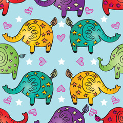 Seamless pattern with cute elephants. Hand drawn vector illustration.
