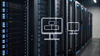 Data center with server racks and network connections, featuring digital icons representing computer systems.