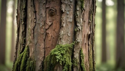 Obraz premium A detailed close-up showcases the textured bark of a tree in a tranquil forest setting.