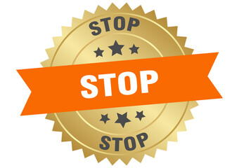 stop. stop round orange and gold label isolated on transparent background