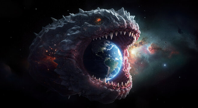 Gigantic cosmic monster eating planet Earth, cosmic horror.