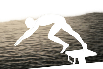 Silhouette of a swimmer poised on a starting block above rippling water