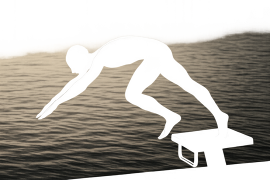 Silhouette of a swimmer poised on a starting block above rippling water - Powered by Adobe