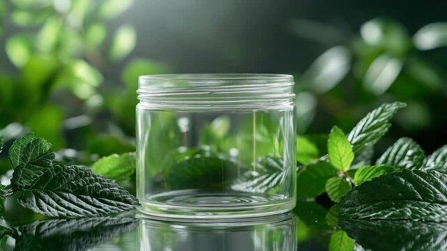 Transparent empty glass jar surrounded by fresh foliage symbolizes purity, eco-friendly skin care and natural beauty. 