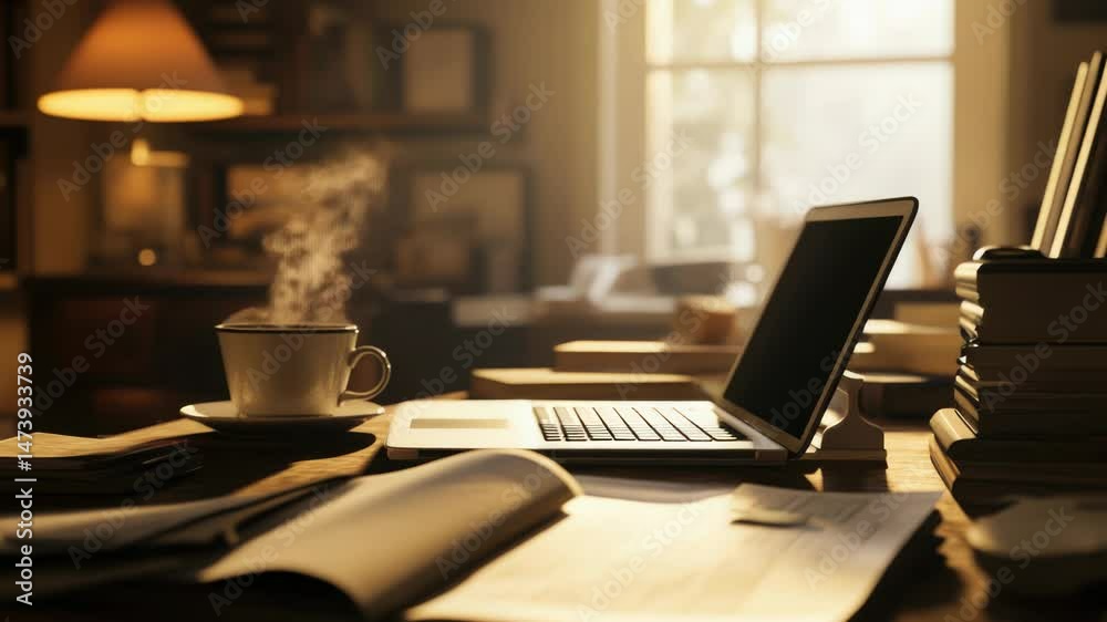Poster a laptop computer sits on top of a wooden desk, ready for use
